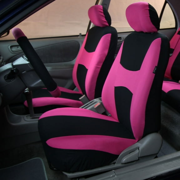 FH Group Light & Breezy Seat Covers for Auto, 4 Headrests Full Auto Seat Covers Set, Pink and Black