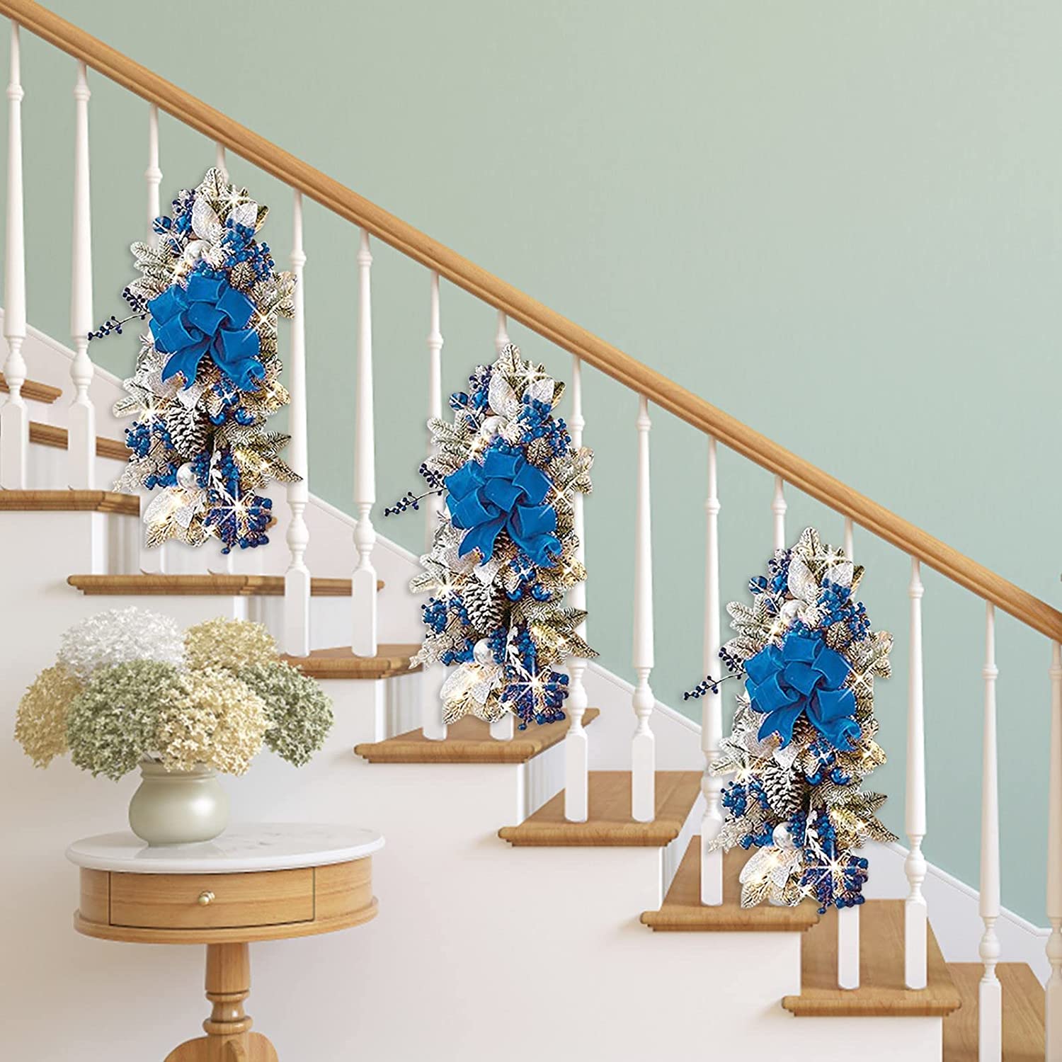 XUYIDAN Cordless Prelit Stairway Swag Trim, Artificial Christmas Teardrop Swag, Handmade Berry Pine Nut Wall Wreath, (Blue) - image 4 of 15