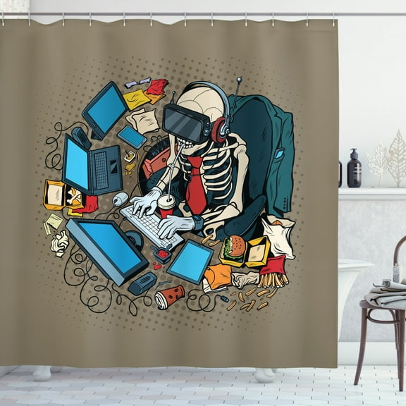 Ambesonne Gamer Shower Curtain, Skeleton in Virtual Reality, 69"Wx75"L, Multicolor