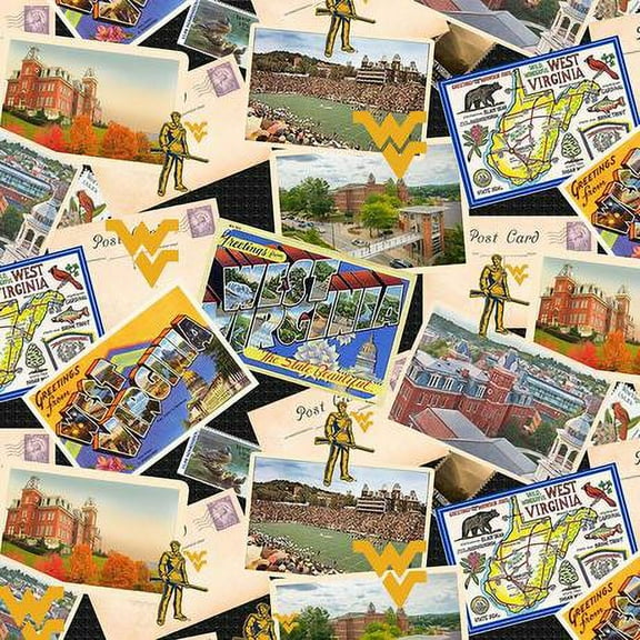 WEST Virginia University Cotton Fabric Scenic Postcard Design-Newest Pattern-Sold by The Yard-SYKEL NCAA Cotton Fabric
