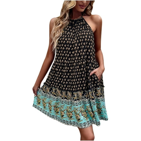 

Red Dresses for Women Womens Dresses Women s Summer Fashion Printed Crew Neck Sleeveless Halter Neck Casual Lace-up Dress on Clearance Summer Dresses Womens Tops Dressy Casual Black L