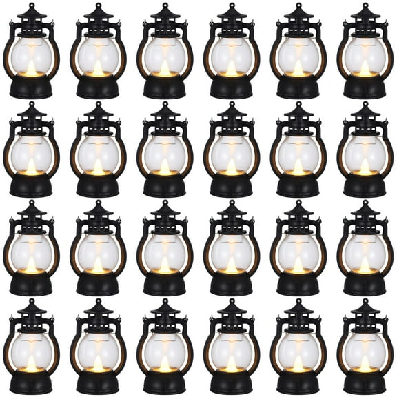 24 Pcs Mini Lantern Decorative with Flickering Led Candle Bulk Vintage Small Lanterns Indoor Outdoor Table Centerpieces Hanging Battery Decor for Weddings Birthday Party Halloween Christmas (Black)