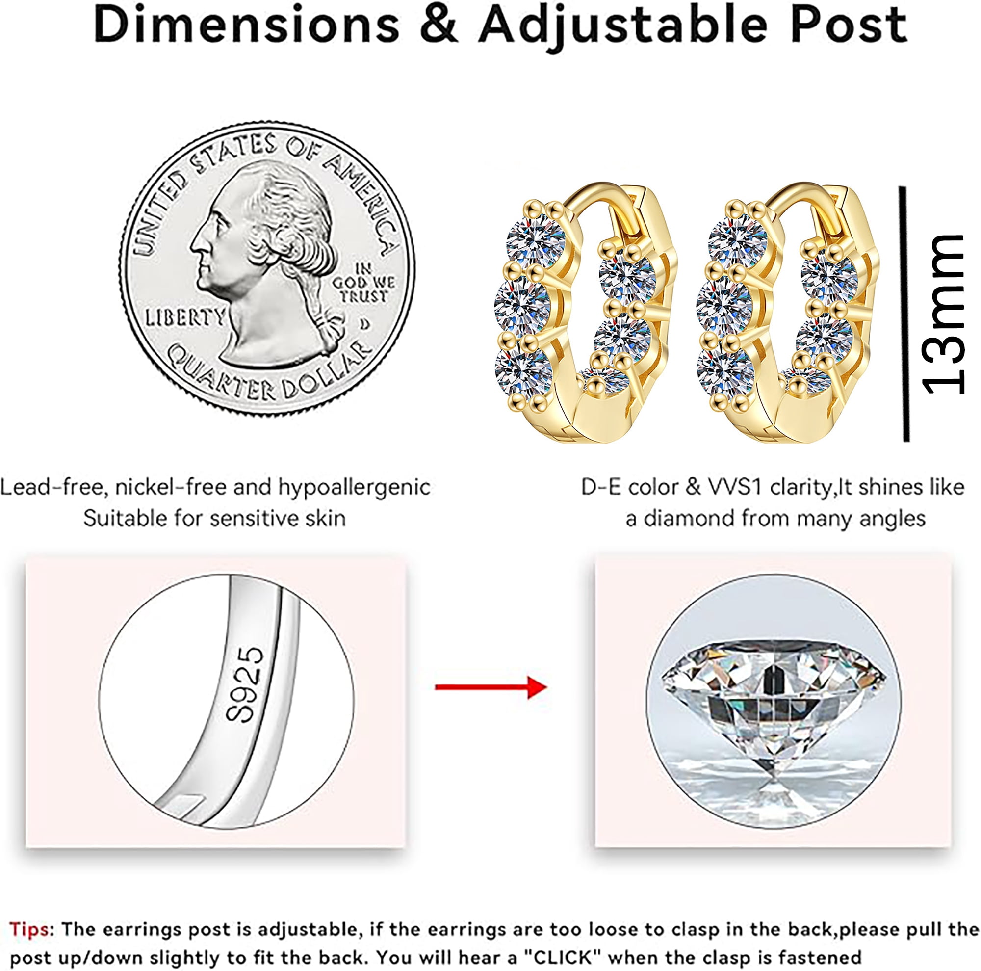 1.2ct Full Moissanite Hoop Earrings for Women, D Color Moissanite Simulated Diamond, 925 Sterling Silver with 14K Yellow Gold Plated, Hypoallergenic, Jewelry Box Packed, Wedding Jewelry Gifts