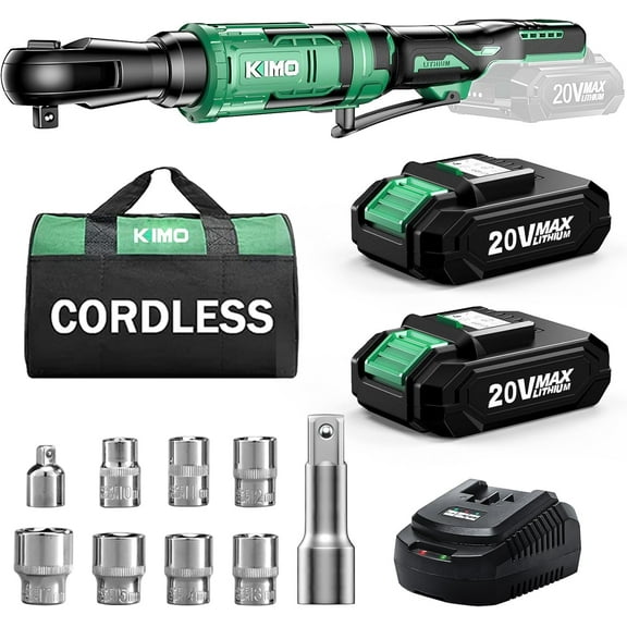 KIMO 20V Cordless Ratchet Wrench 3/8 Set, 74 Ft-lbs 400 RPM Electric Ratchet Wrench, Battery Powered Ratchet with 7 Sockets, 3" Extension Bar, 1/4" Adapter, 2-Pack Lithium-Ion Batteries, Fast Charger