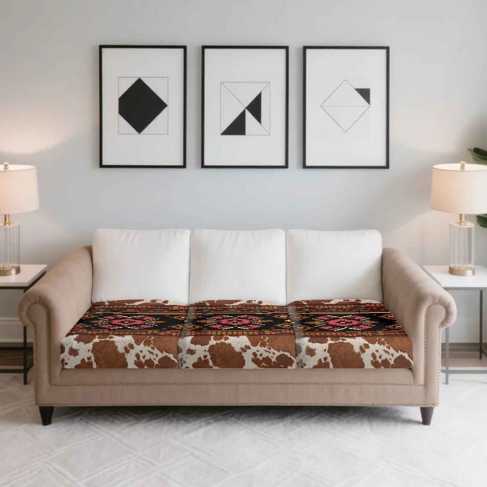 COEQINE Couch Cover Stretch Elastic Spandex Fabric Sofa Seat Cover Sets Seat Cushion Slipcover Pet Friendly Dog Couch Cushion Slipcover for Pets, Kids, 3 Pieces, American Tribal Brown Cow Print