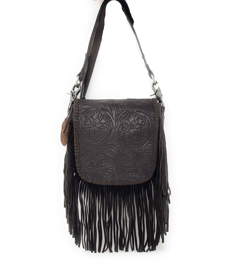 Texas West Western Genuine Leather Floral Tooled Fringe Womens