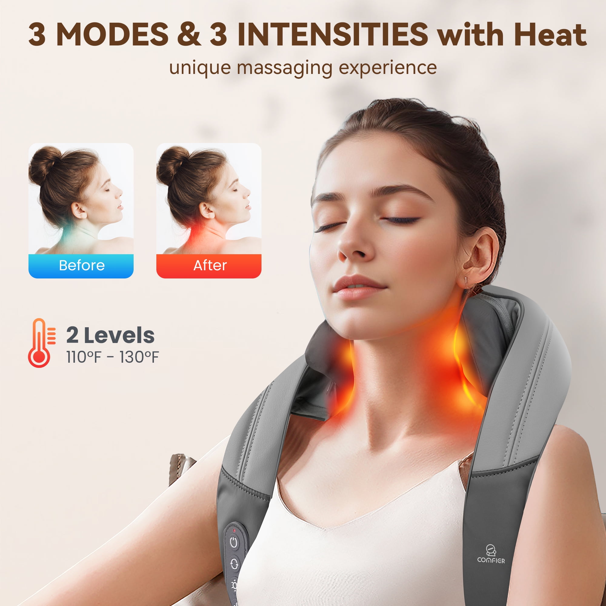 Comfier Cordless Neck Massager with Heat, Deep Kneading Heated Back Shoulder Massager, Mother's Day Gifts