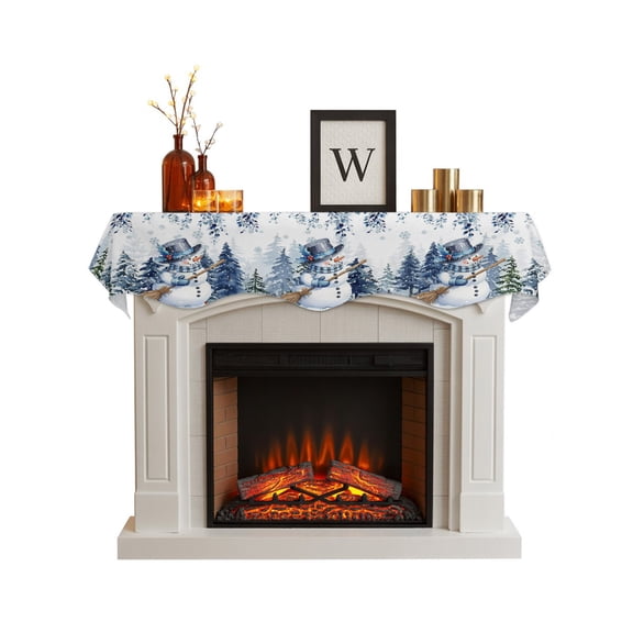 Blue Snowman Christmas Fireplace Mantel Scarf Cover 90"Wx17"L,Fireplace Mantel Shelf Top Runner,Xmas Tree Forest Eucalyptus Leaves Mantle Dresser Scarves Table Runner for Holiday Party Living Room