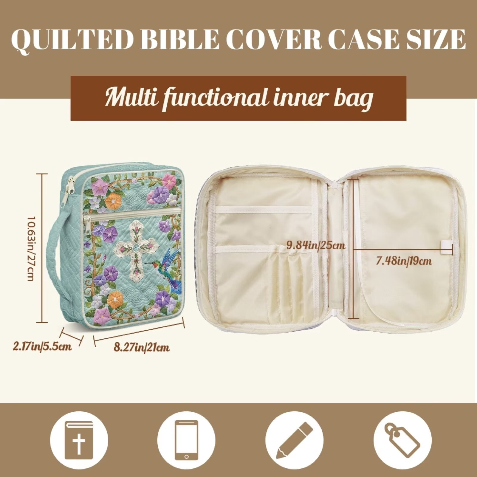Pzuqiu Colorful Floral Cross Large Quilted Bible Cover Vintage Standard Size Book Cover with Handle and Pockets Carrying Cases Book Protector for Church, Study & Travel
