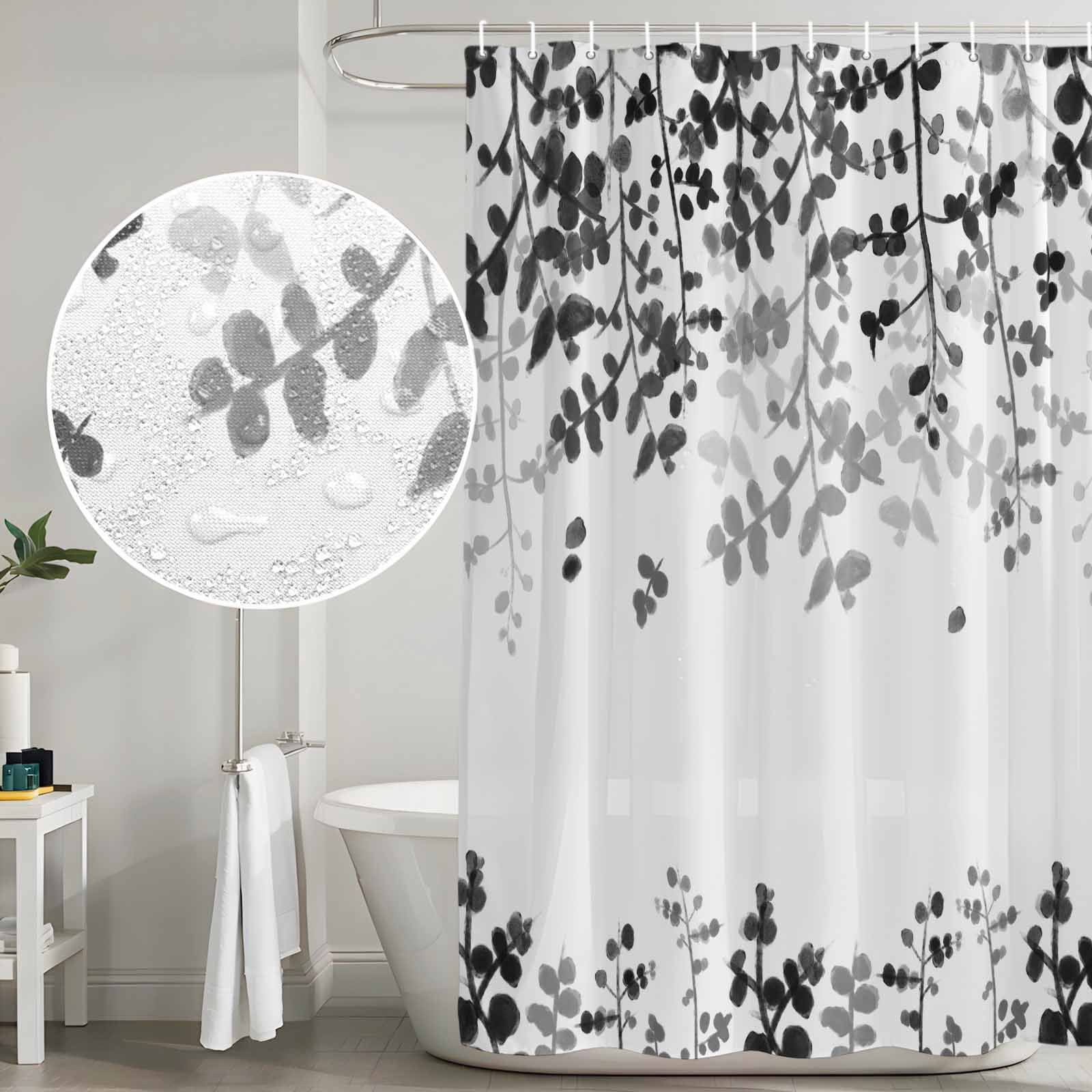 Black Leaves Shower Curtain, Waterproof Shower Curtains for Bathroom, Summer Botanical Washable Fabric Bathtub Curtain Set Bath Decor with 12 Hooks 48"x72"