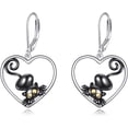10K/14K/18K Gold Heart-Shaped Cat Dangle Earrings, Black Cat Design ...