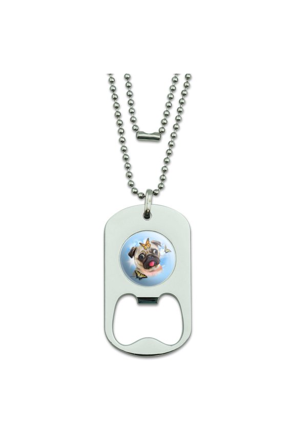 Pug Dog Butterflies Selfie Military Dog Tag Bottle Opener Pendant