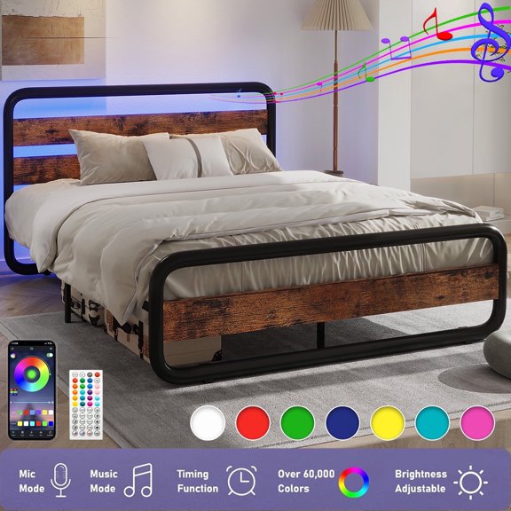 Queen Size Bed Frame with LED Headboard & Wood Footboard, Heavy Duty Metal Platform Bed with Under-Bed Storage