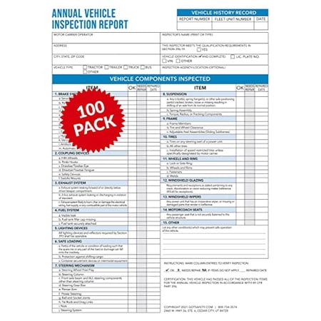 GotSafety's Annual Vehicle Inspection Report Forms - 3-Ply Carbonless Forms - Meet DOT's Annual Vehicle Inspection Requirements 49 CFR 396.21 - X-Large Pack of 100-8.5" x 11"