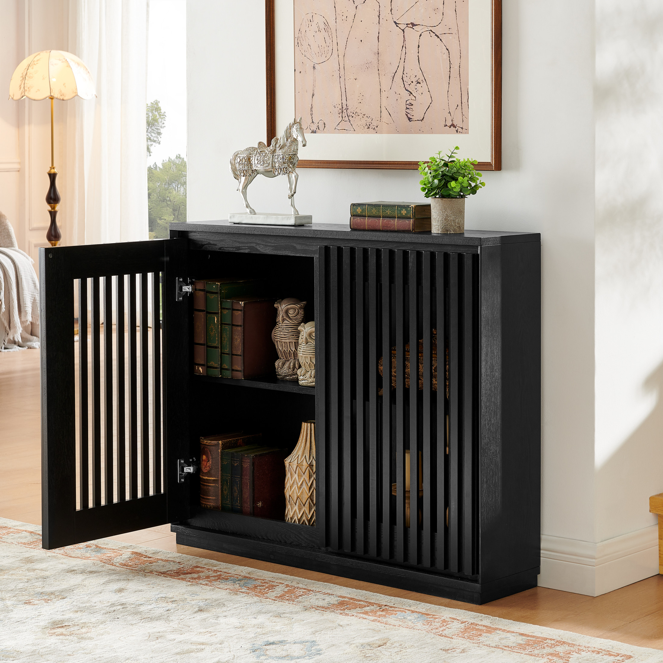 Noble House Mid-Century Fluted Sideboard Buffet Cabinet with Hollowed Solid Wood Doors, Adjustable Storage, Black