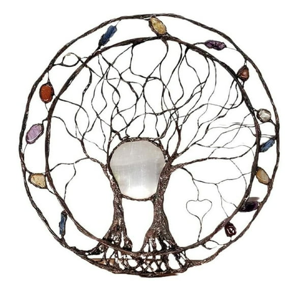 Art Mural Arbre de Vie en Métal Incrusté de Cristal - Cadre Circulaire avec Doubles Troncs, Branches et Racines / Améthyste Naturelle, Cristaux de Citrine et d'Agate / Décoration Spirituelle pour Méditation, Salon