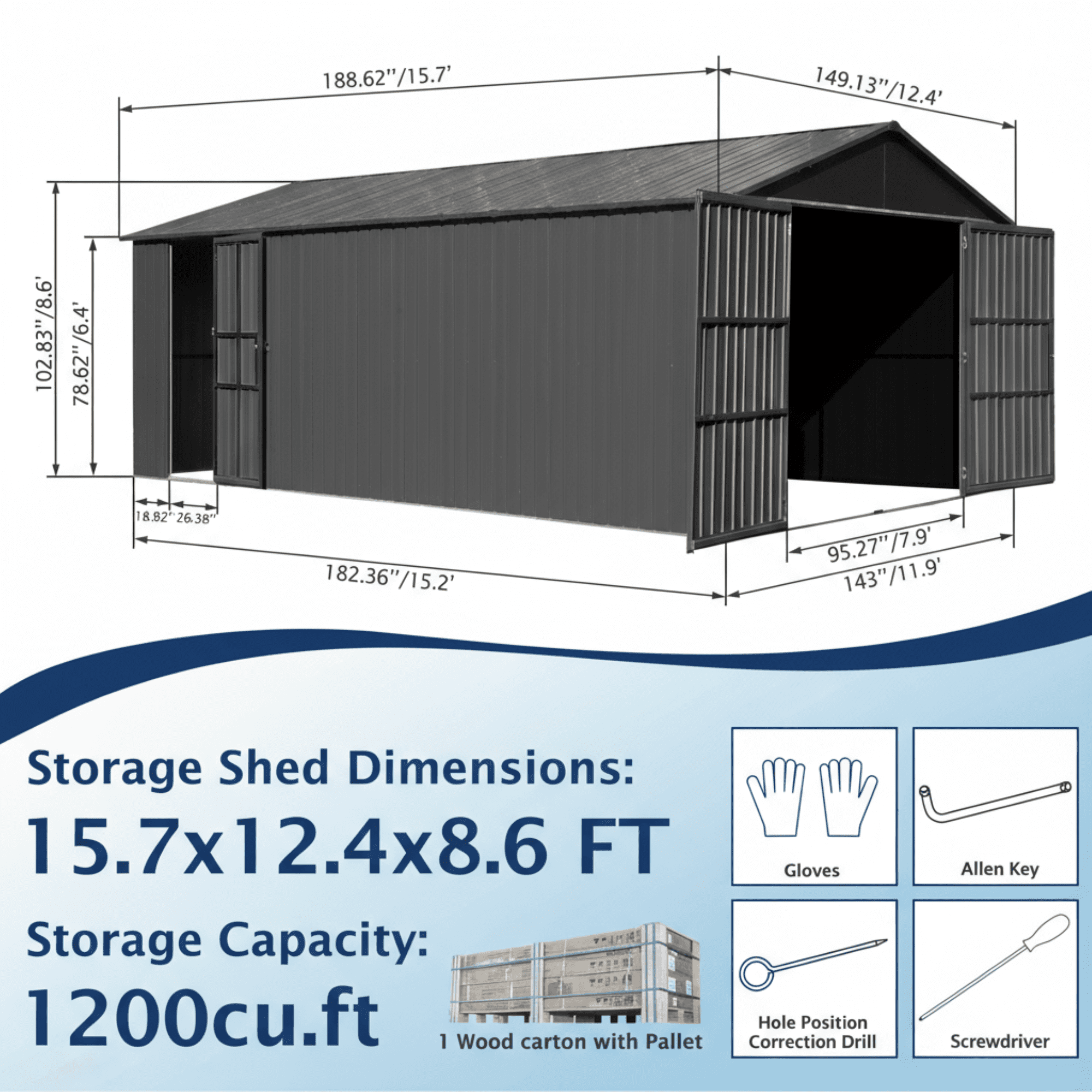 DuraYu 12x15 ft Steel Garden Storage Shed with Double Doors, Lockable, Dark Grey
