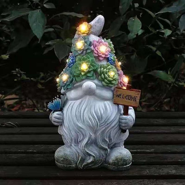 Estatua Del Gnomo De Jardín Estatua de gnomo de jardín con luz solar, resina artística, elfo sin rostro, adorno enano, resistente al agua Sywqhk Libre de BPA