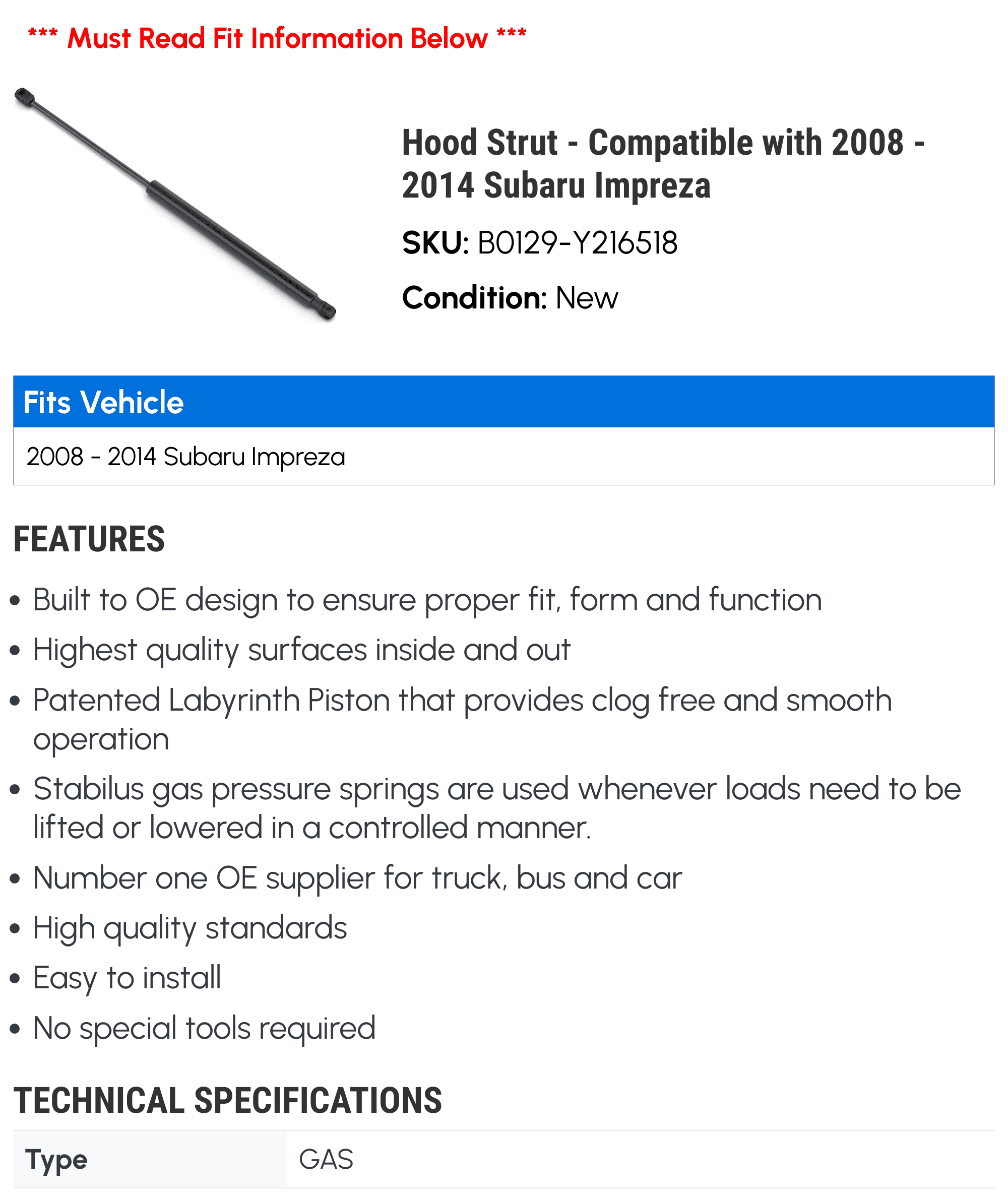 Hood Strut - Compatible with 2008 - 2014 Subaru Impreza 2009 2010 2011 2012 2013