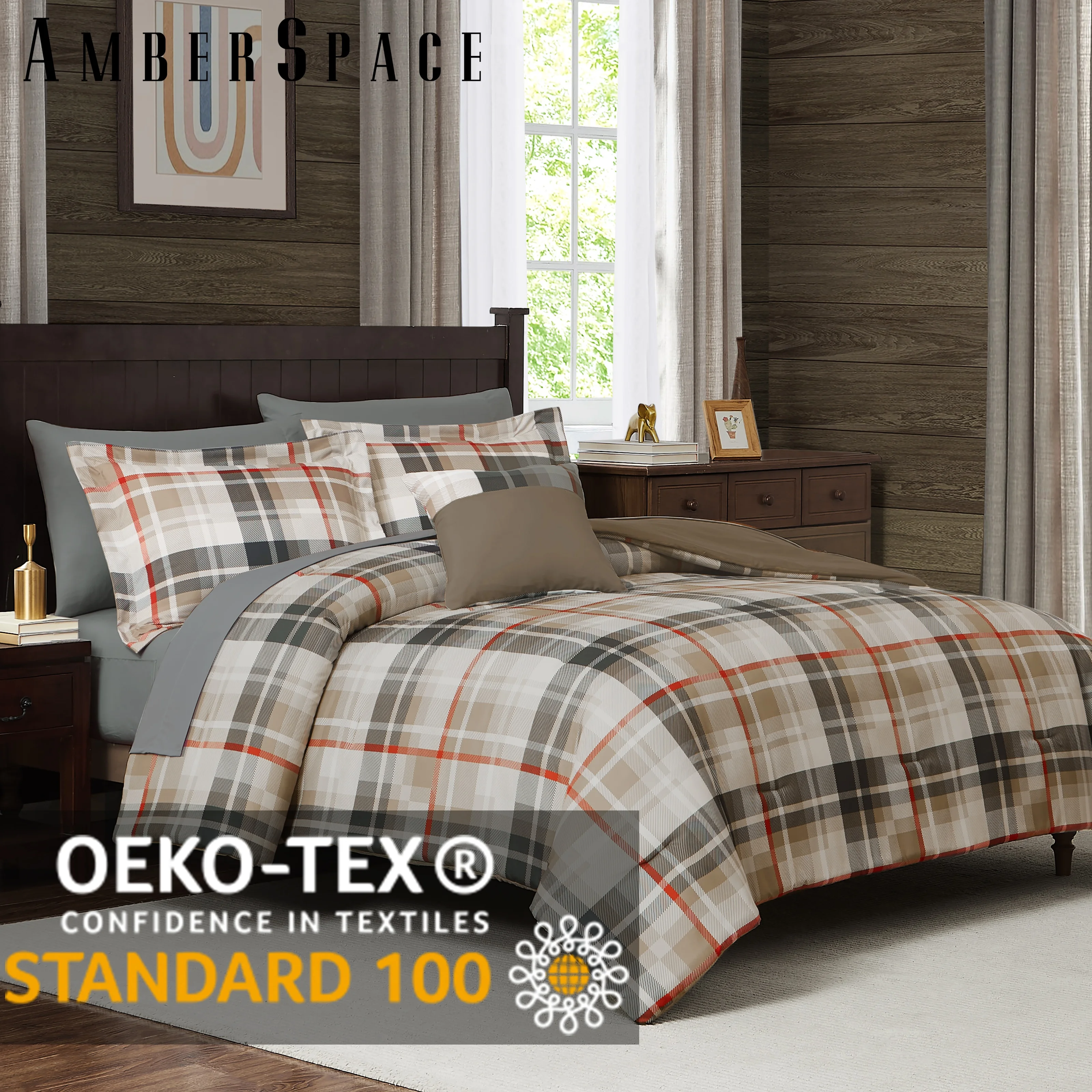 Amberspace Plaid Design 7-piece Bed in a Bag Comforter Set with Sheets,Khaki,Full