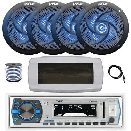 Pyle PLMRB29W Single DIN Bluetooth Marine MP3 AM/FM Stereo Receiver with White Cover 22 Radio Antenna Wire 4x 4 100 Watt Max 2-Way Blue Flashing LED Boat Audio Speakers (Black)