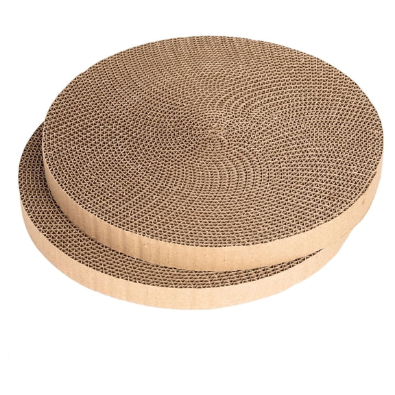 10" round cat scratcher pads, 7/8" thick durable cardboard, double-sided & reversible. Compact, stylish, fits modern decor. Pack of 2 or 5, brown