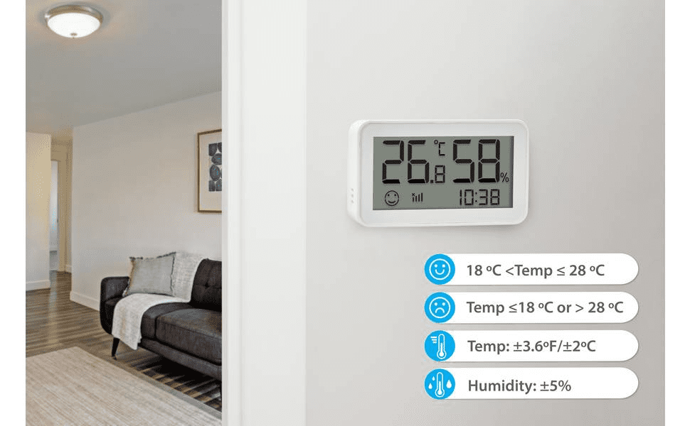 Smart Thermometer Hygrometer: Wi-Fi Enabled Room Temperature Monitor with APP Alerts, Linkable to Humidifiers and Temperature Regulation Devices, Simple Elegant Design, White