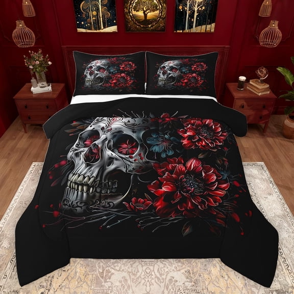 Castle Fairy Abstract Skull Bedding Comforter Set 2pcs for Adults Boys Girls,Chic Floral Flowers Twin Comforter Sets Microfiber,Vintage Gothic Style Breathable Bedding Set,Microfiber Bedroom Decor