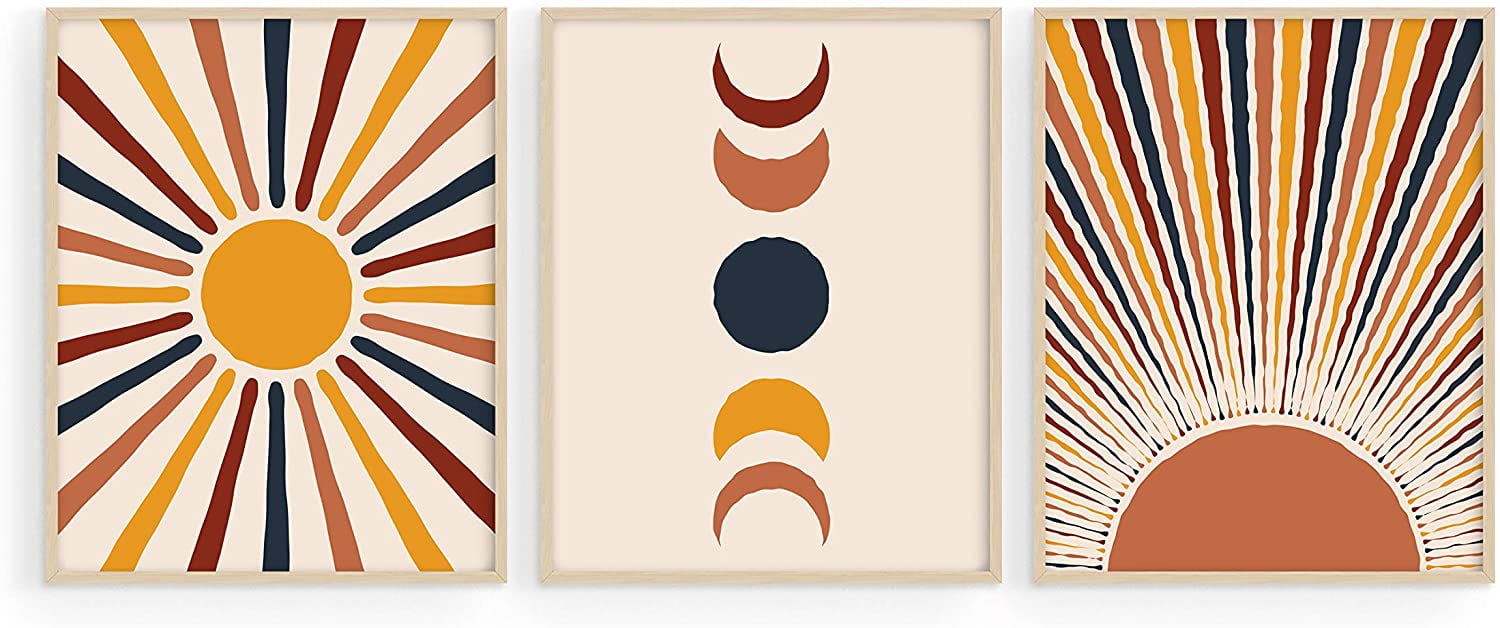 by Haus and Hues Mid Century Wall Art and Terracotta Decor Mid Century Modern Wall Art Set of 3 Mid Century Art Prints Boho Art Wall Decor 8x10, BEIGE FRAMED Moon Wall Art