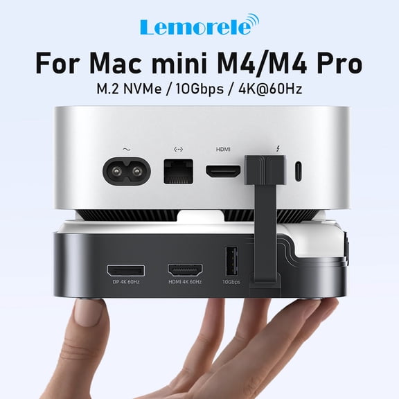 Lemorele Mac mini M4 Dock, Docking Station Dual Monitor, Mac Mini Stand with M.2 NVMe SSD Enclosure, 4× USB Ports 10Gbps, 4K60 HDMI, DisplayPort, SD/TF Card Reader for Mac mini M4/M4 Pro