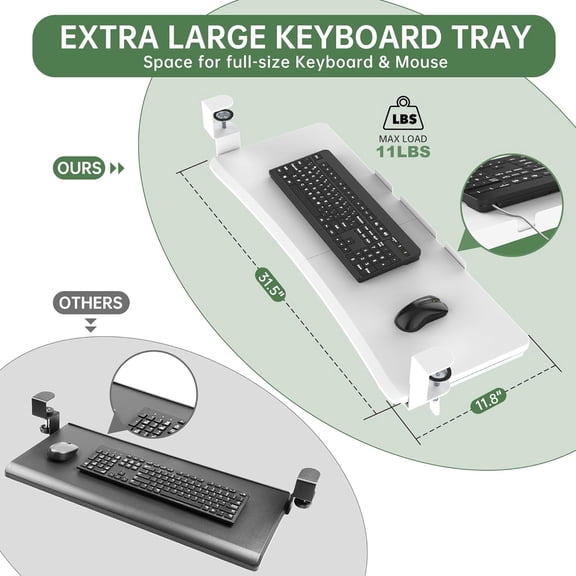 Extra Large Under Desk Keyboard Tray - Slide Out Ergonomic Computer Drawer with Sturdy C-Clip Mount, 31.5" x 11.8" White for Home Office & Gaming