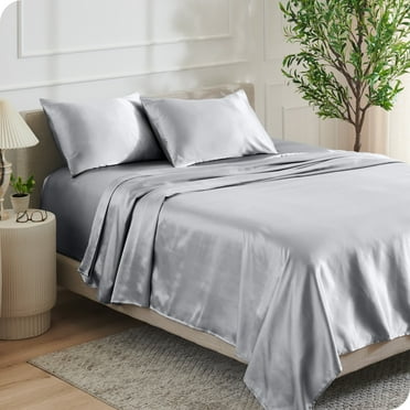 Bare Home Luxury Poly Satin Sheet Set for Hair and Skin, 15” Deep Pockets, Twin XL, Silver