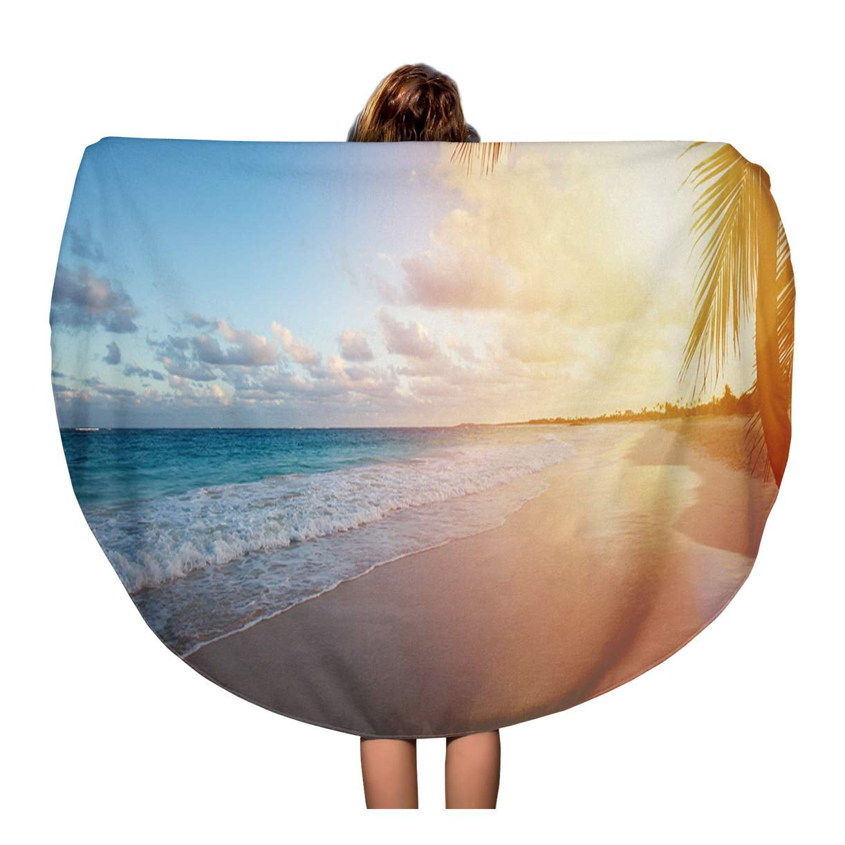 LADDKA 60 inch Round Beach Towel Blanket Caribbean Beautiful Sunrise Over The Tropical Beach
