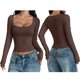 thumbnail image 3 of Camisas de Larga para Mujer, Tops Cortos, Cuello Cuadrado, Camisetas Básicas para Salir, Ropa de Invierno Y2K 2025 Marrón Oscuro S, 3 of 7
