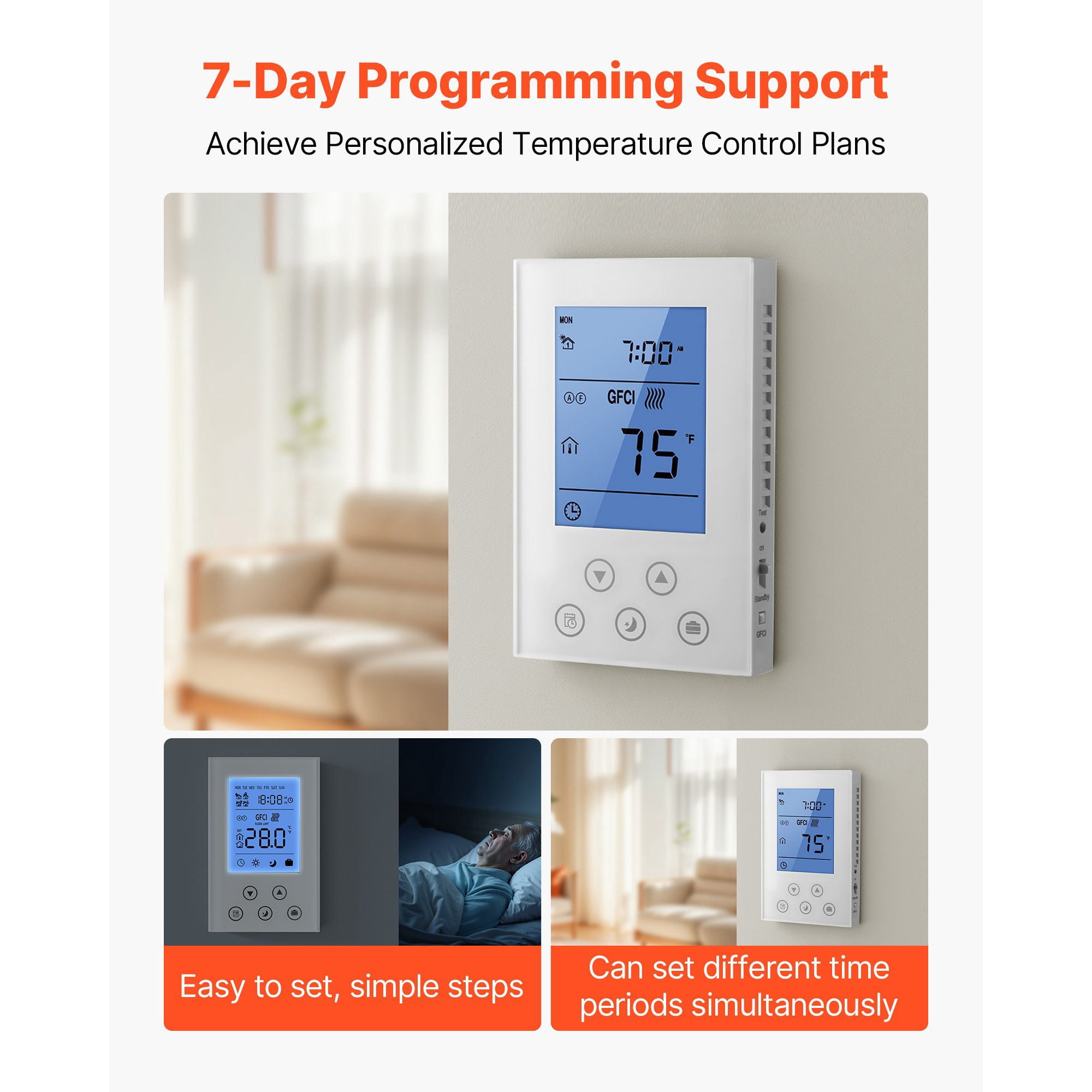 7-Day Programmable Thermostat High Low Voltage, 12V Digital Temperature Controller, Energy Saving Scheduling for Home Heating Cooling System