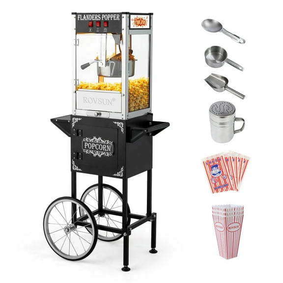 ROVSUN Popcorn Machine with Cart, Wheels & 10 Oz Kettle Makes Up to 4 Gallons ETL Certified, Popcorn Maker w/Candy Dispensers, Scoop, Oil Spoon & 3 Popcorn Cups for Commercial Home Theater, Red