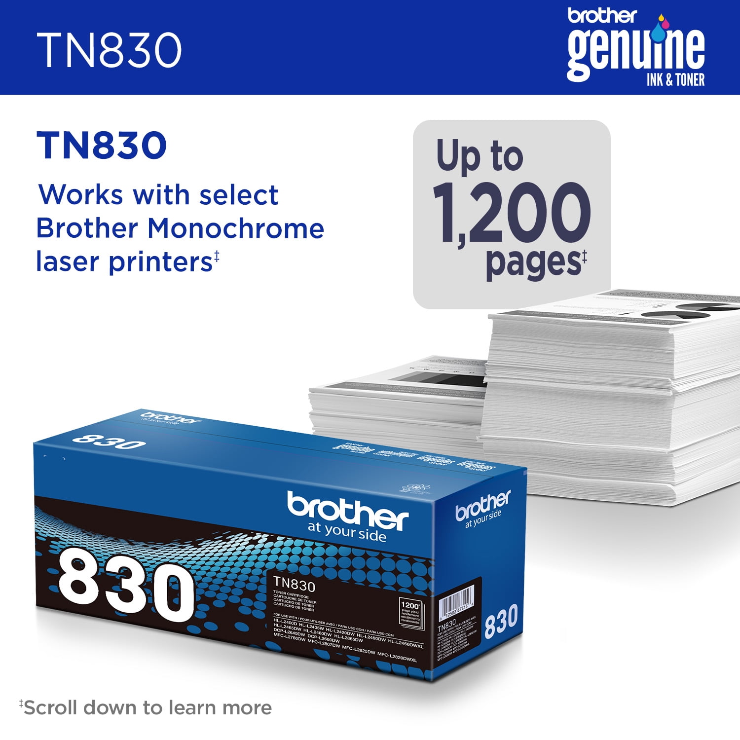 Brother Genuine TN830 Black Standard Yield Printer Toner Cartridge - Print up to 1,200 Pages (1)
