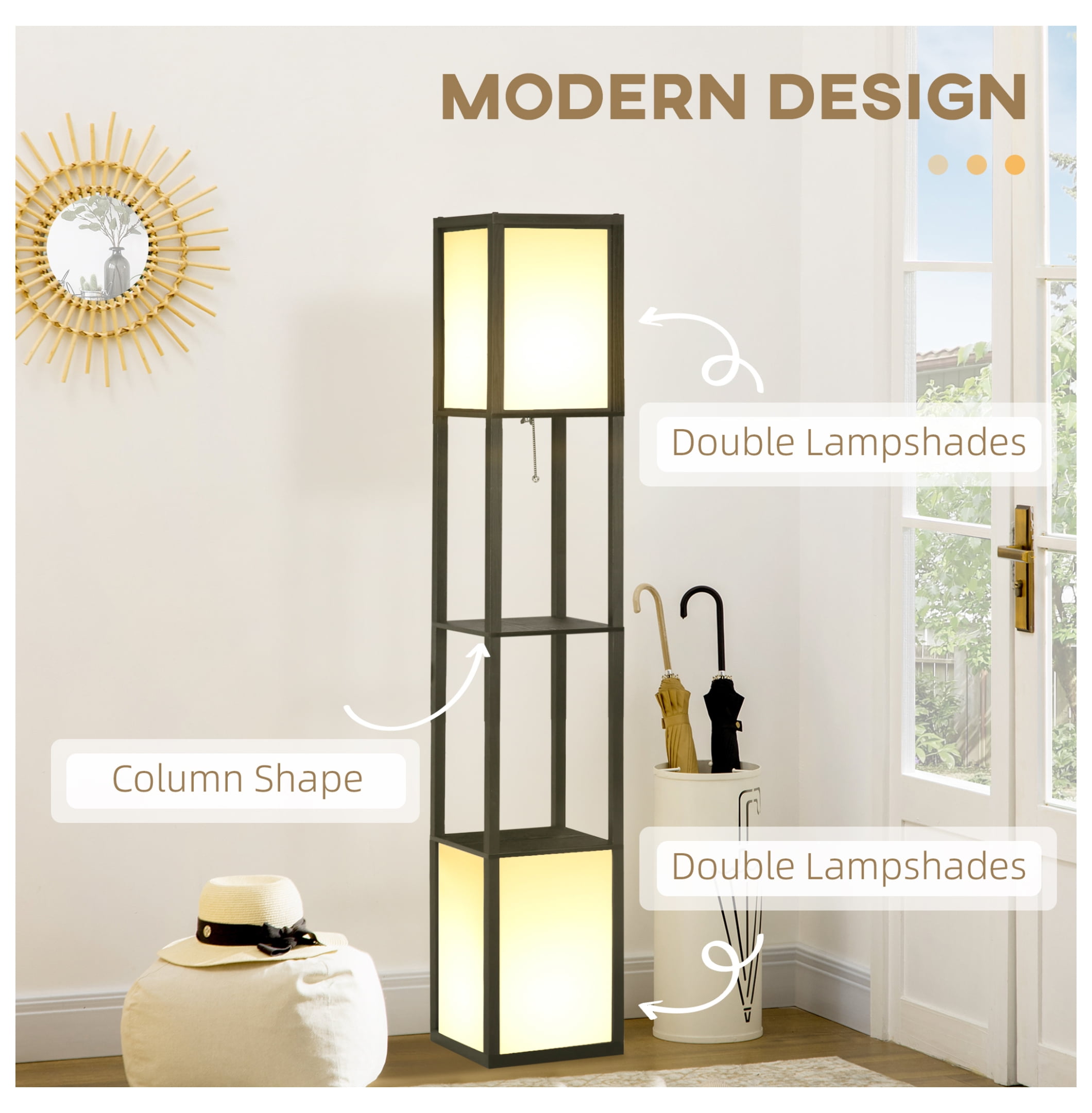 HOMCOM Modern Floor Lamp with Shelves & Dual Ambient Lighting, Tall Standing Lamp for Living Room, Bedroom with Fabric Lampshade (Bulb not Included), Black