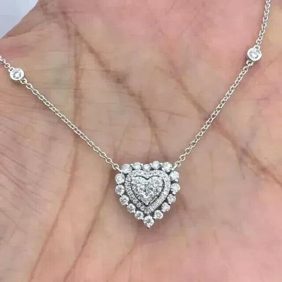 2Ct Round Cut Lab-Created Diamond Heart Chain Pendant 14K White Gold Plated