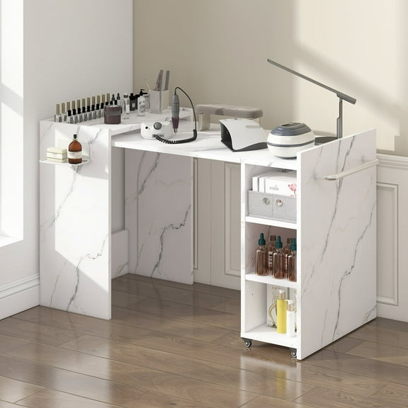 Advwin Folding Manicure Table with Storage Shelves & Fabric Drawer for Nail Tools, Wall-Mount Multipurpose Compact Corner Side Desk for Small Space, White