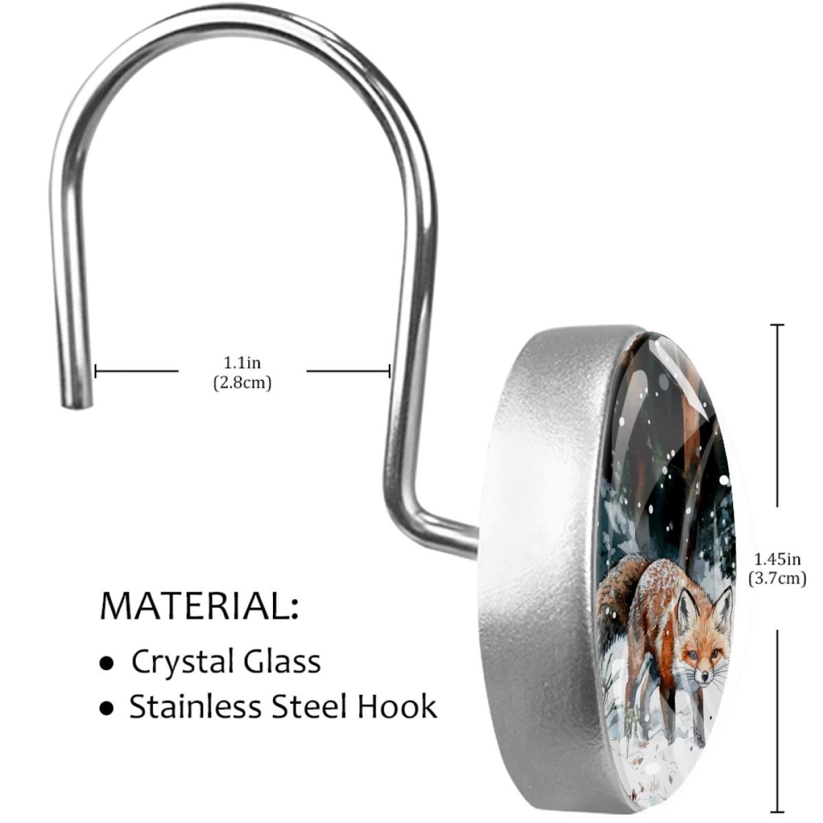 Two Foxes on Snow Tree Forest Shower Curtain Hooks Round Crystal Glass, Set of 12 Shower Curtain Rings - Shower Hooks for Curtain Shower Rings