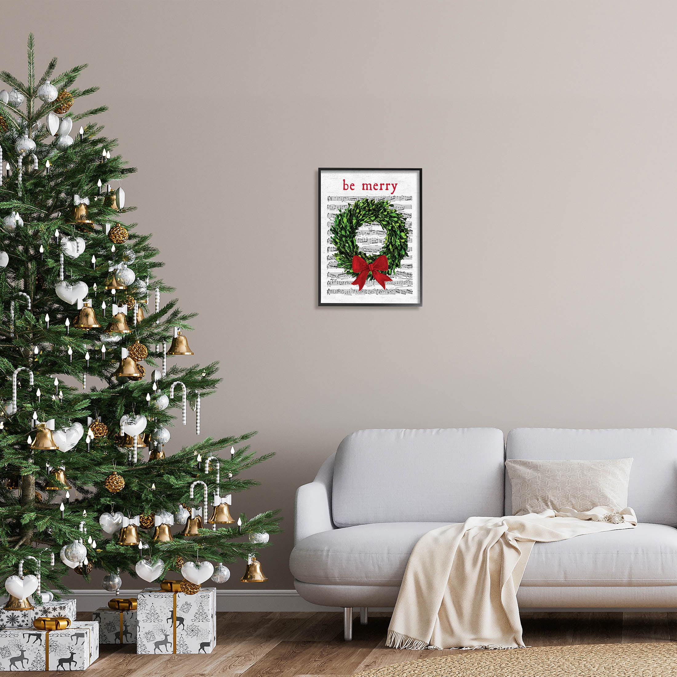 Stupell Industries Be Merry Holiday Music Wreath Graphic Art Black Framed Art Print Wall Art, Design by Lettered and Lined