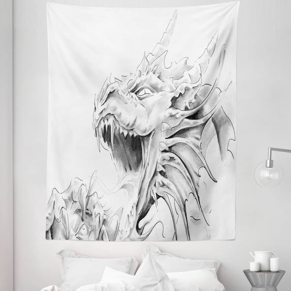 Dragon Tapestry, Sketch of a Medieval Character Mythological Creature Abstract Design, Fabric Wall Hanging Decor for Bedroom Living Room Dorm, 5 Sizes, Pale Grey White, by Ambesonne