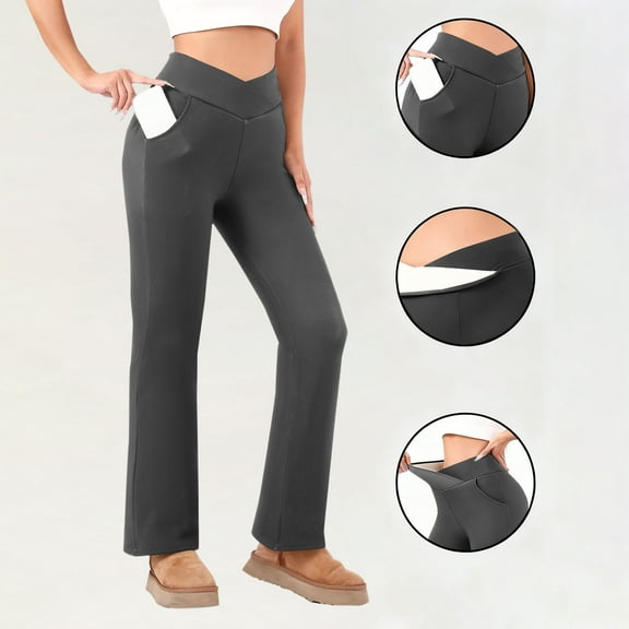 AUNVITO Women's Fleece-Lined Pants High-Waisted Cross-Waist Straight Leg Casual and Fashionable Winter Thermal Trousers