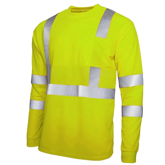 FRSASU Men's High Visibility Safety Shirt Long Sleeve Crewneck Solid Color Reflective Construction Workwear Tops Yellow