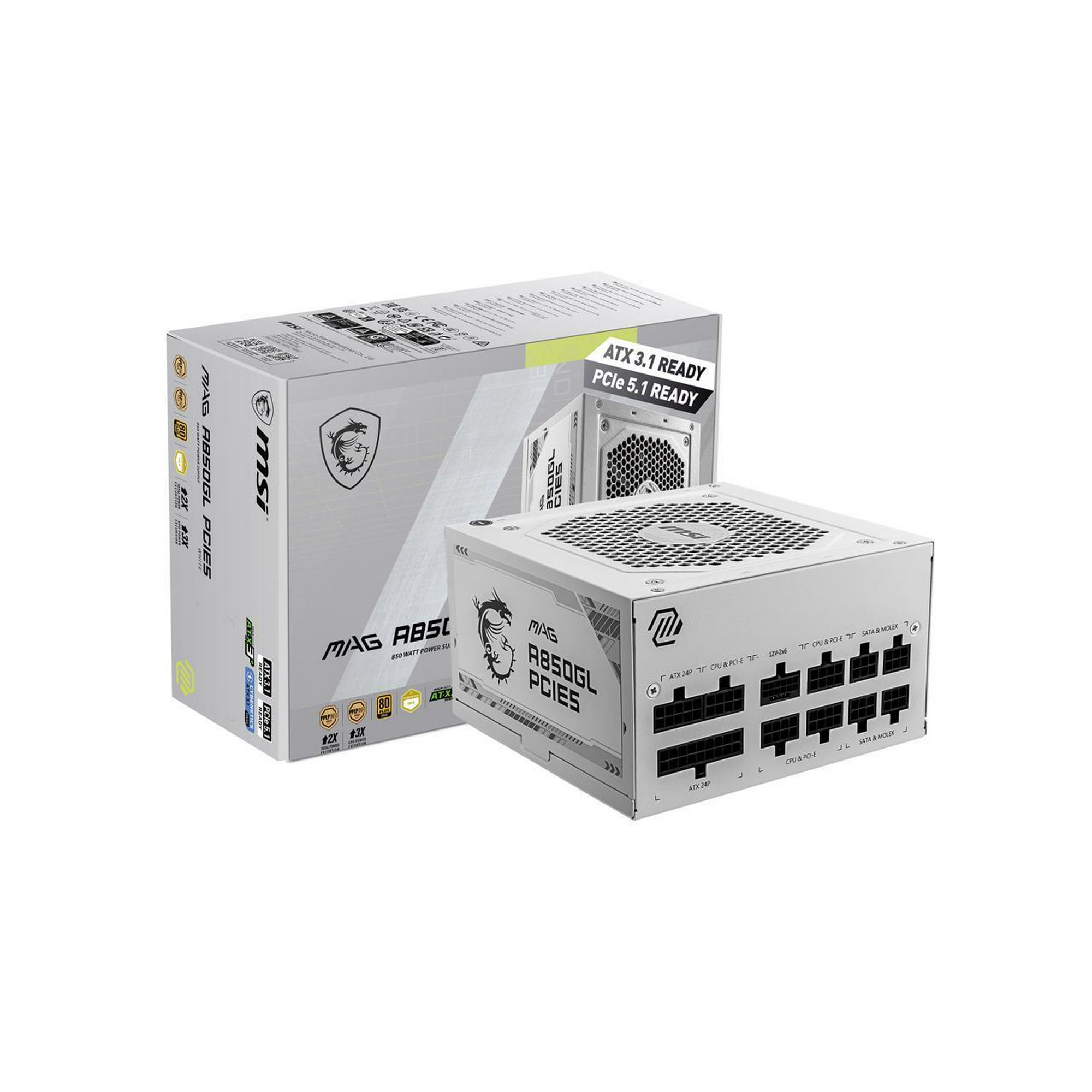 MSI - MAG A850GL PCIE5 WHITE 5.0, 80 GOLD Fully Modular Gaming PSU, 12VHPWR Cable, ATX 3.0 Compatible, 1250W Power Supply