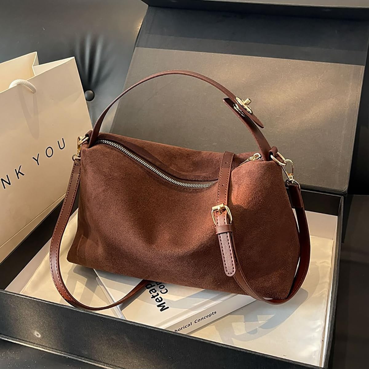 Suede Purses for Women Fashion Slouchy Shoulder Bag Retro Crescent Satchel Hobo Handbags for 2024