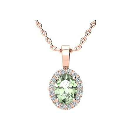 1 1/4 Carat Oval Shape Green Amethyst and Halo Diamond Necklace In 10 Karat Rose Gold With 18 Inch Chain