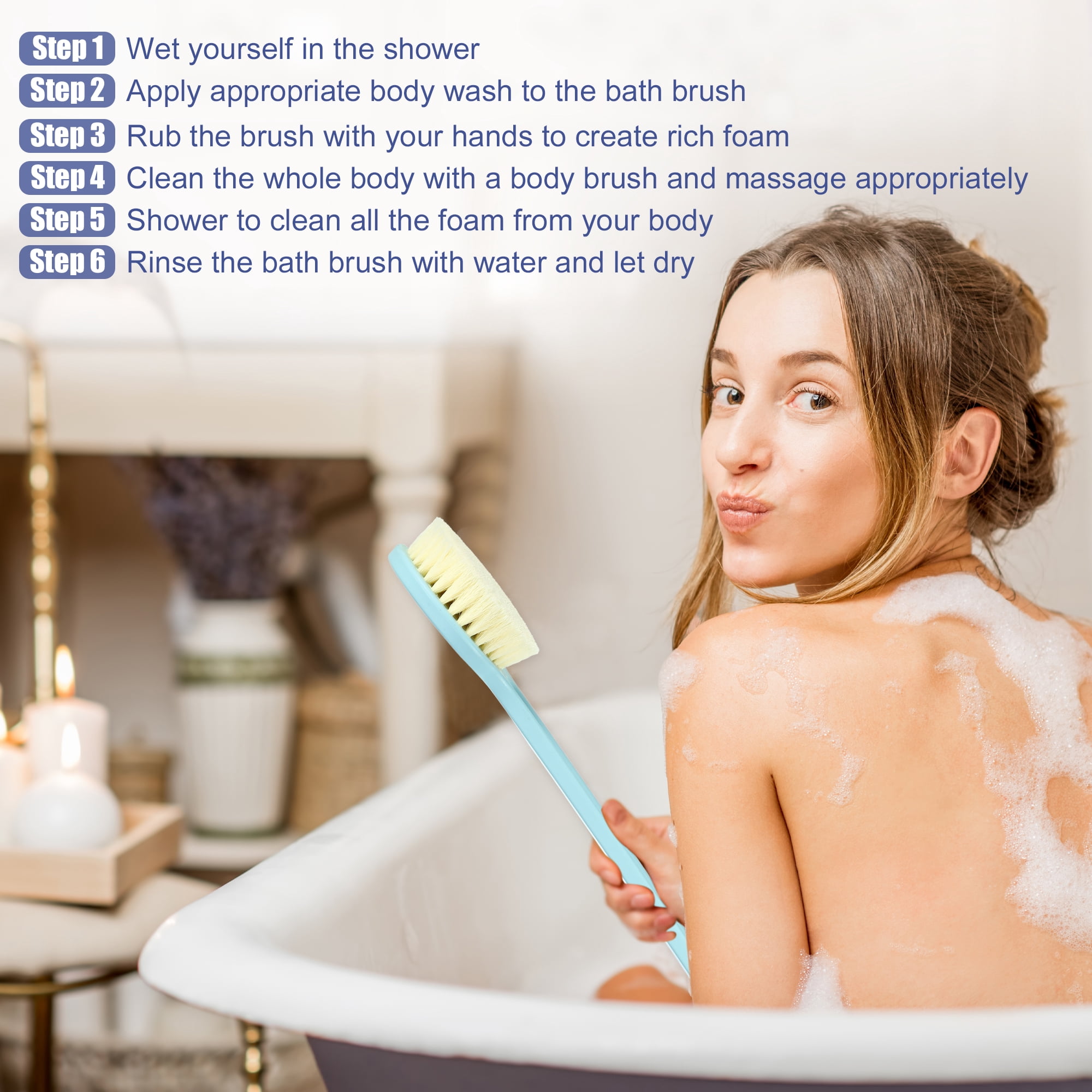 Unique Bargains Long Handle Back Scrubber Bath Brush for Shower 13.98"x3.15"x1.18" Blue