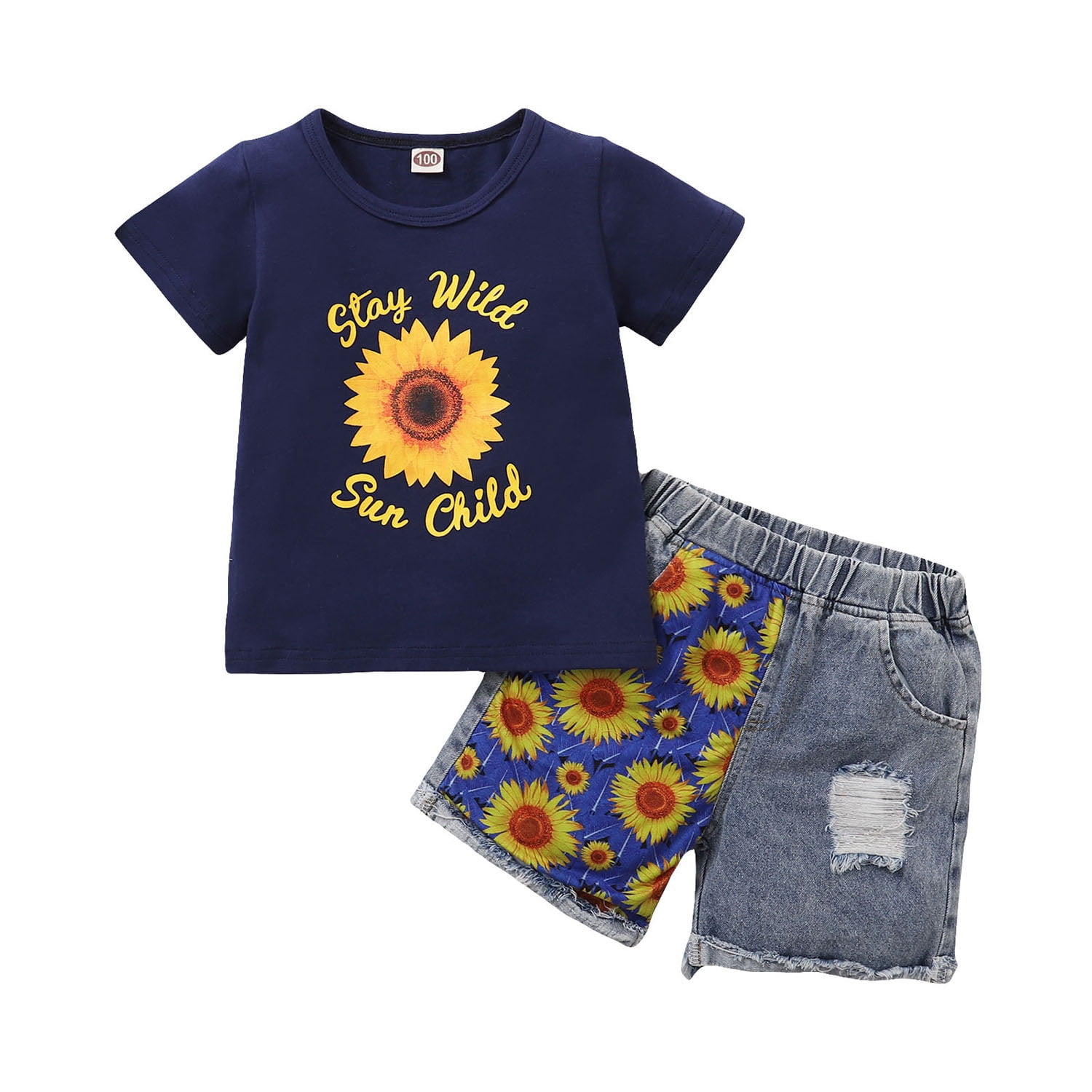 Dooleck Toddler Baby Girl Denim Outfit Stay Wild Shirt Tops Sunflower